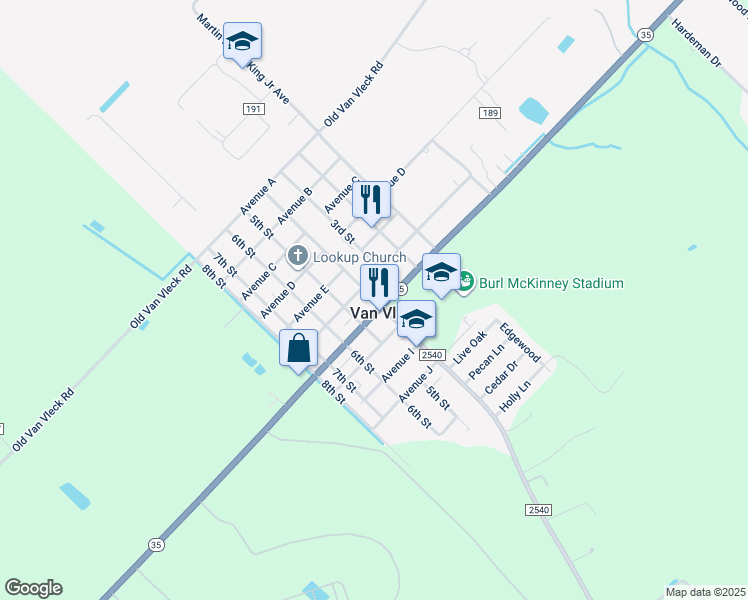 map of restaurants, bars, coffee shops, grocery stores, and more near 142 South 4th Street in Van Vleck
