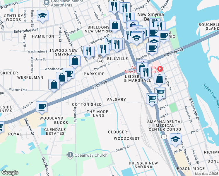 map of restaurants, bars, coffee shops, grocery stores, and more near 415 South Duss Street in New Smyrna Beach
