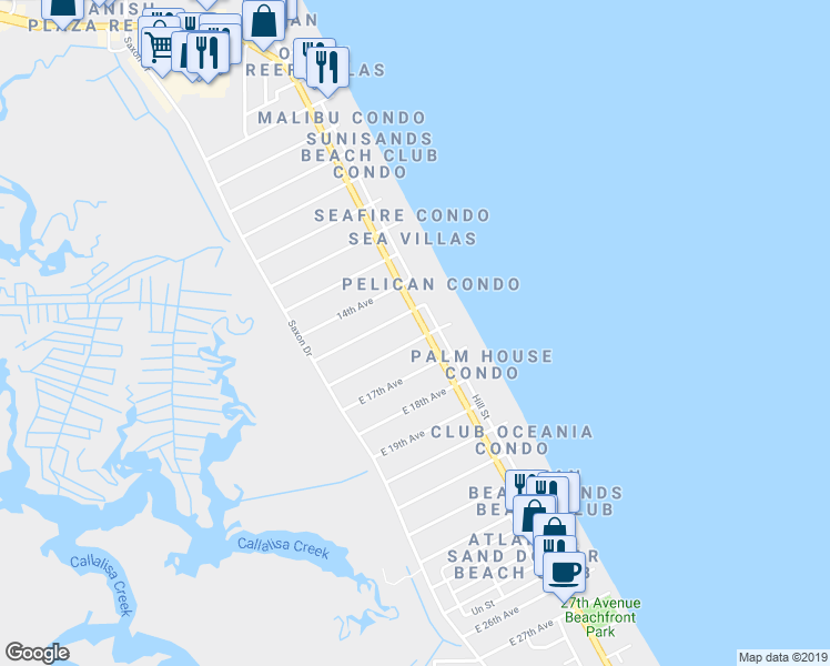 map of restaurants, bars, coffee shops, grocery stores, and more near 2500 South Atlantic Avenue in New Smyrna Beach