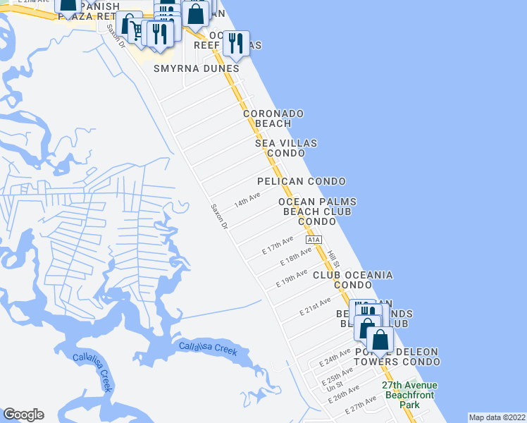 map of restaurants, bars, coffee shops, grocery stores, and more near 15th Avenue in New Smyrna Beach