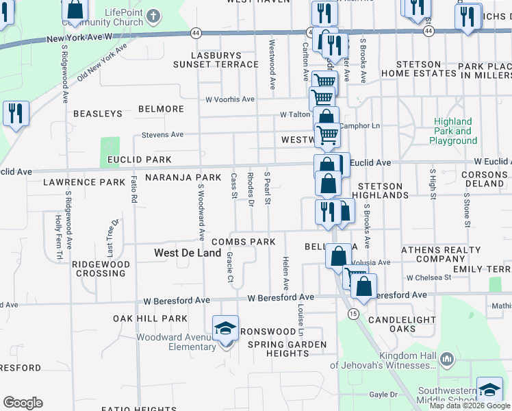 map of restaurants, bars, coffee shops, grocery stores, and more near 590 South Pearl Street in DeLand