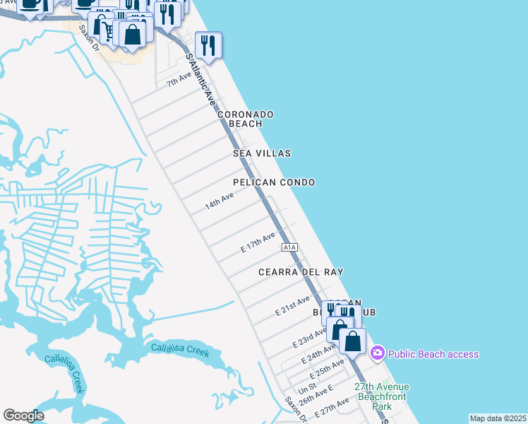 map of restaurants, bars, coffee shops, grocery stores, and more near 2508 South Atlantic Avenue in New Smyrna Beach