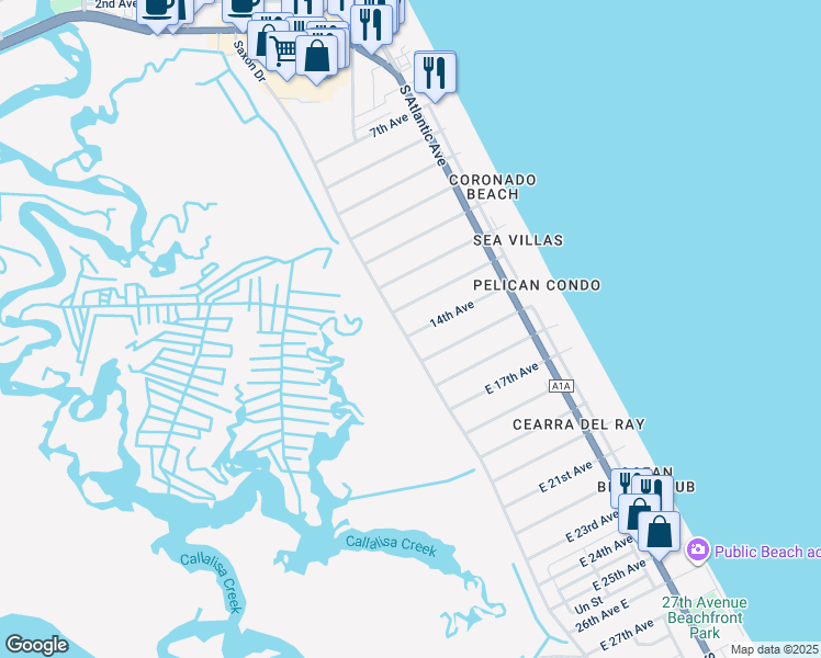 map of restaurants, bars, coffee shops, grocery stores, and more near 2309 Saxon Drive in New Smyrna Beach