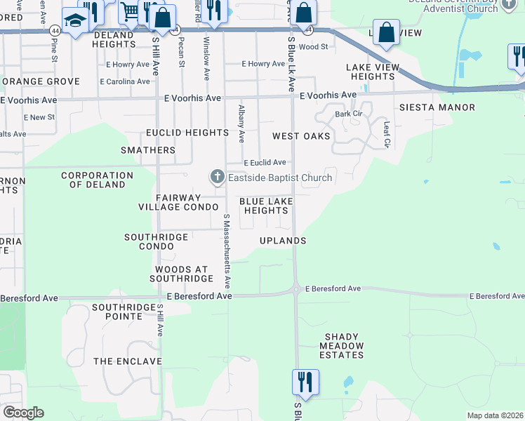 map of restaurants, bars, coffee shops, grocery stores, and more near 606 West Blue Lake Terrace in DeLand