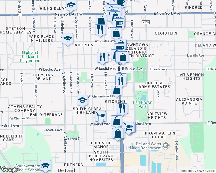 map of restaurants, bars, coffee shops, grocery stores, and more near 131 West Hubbard Avenue in DeLand
