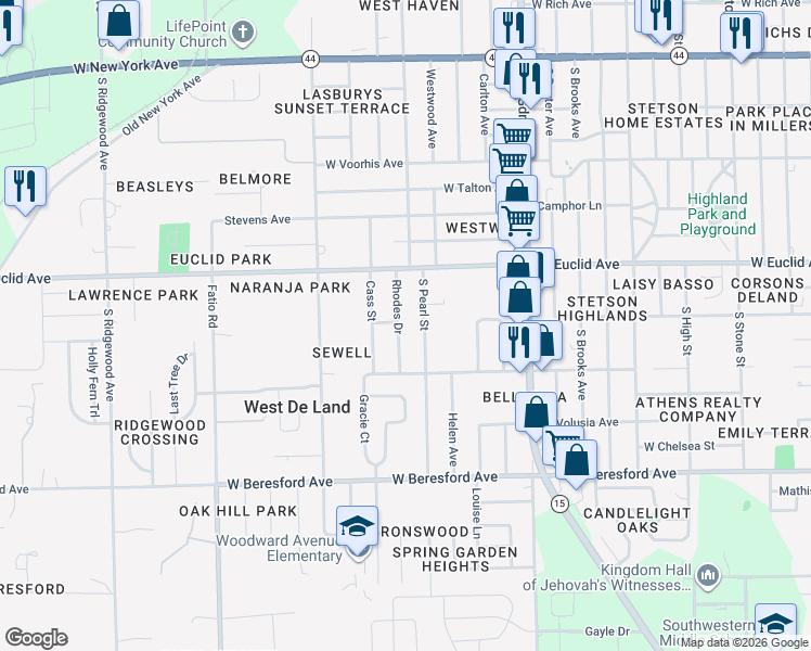 map of restaurants, bars, coffee shops, grocery stores, and more near 590 South Pearl Street in DeLand