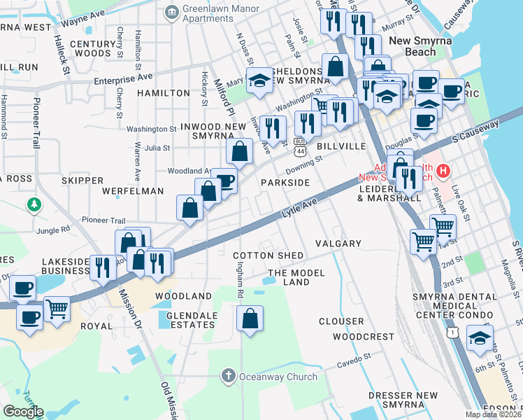 map of restaurants, bars, coffee shops, grocery stores, and more near 200 Robert Street in New Smyrna Beach