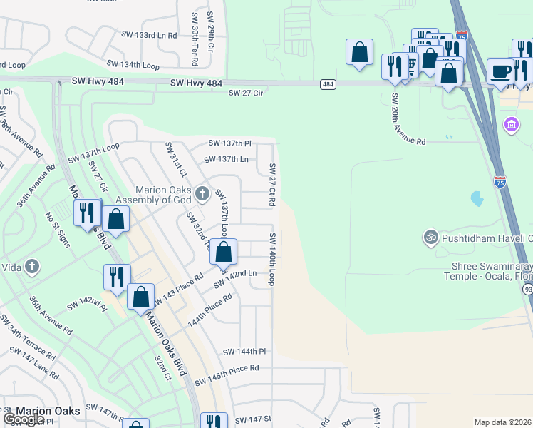map of restaurants, bars, coffee shops, grocery stores, and more near 13961 Southwest 27 Court Road in Ocala