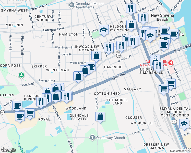 map of restaurants, bars, coffee shops, grocery stores, and more near 20 Ingham Road in New Smyrna Beach