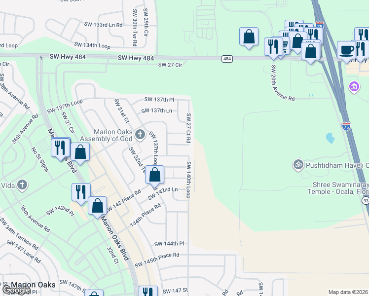 map of restaurants, bars, coffee shops, grocery stores, and more near 13961 Southwest 27 Court Road in Ocala