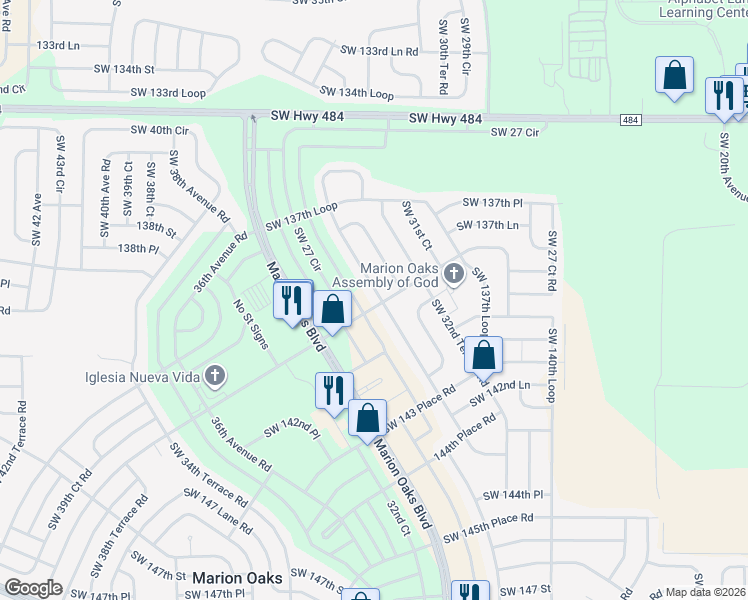 map of restaurants, bars, coffee shops, grocery stores, and more near 172 Marion Oaks Drive in Ocala