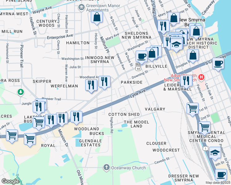 map of restaurants, bars, coffee shops, grocery stores, and more near 101 Ingham Road in New Smyrna Beach