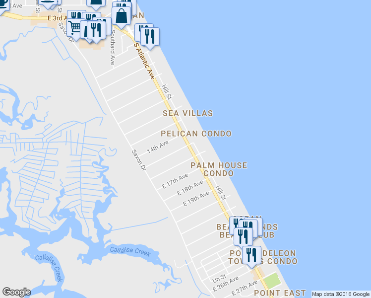 map of restaurants, bars, coffee shops, grocery stores, and more near 2500 South Atlantic Avenue in New Smyrna Beach