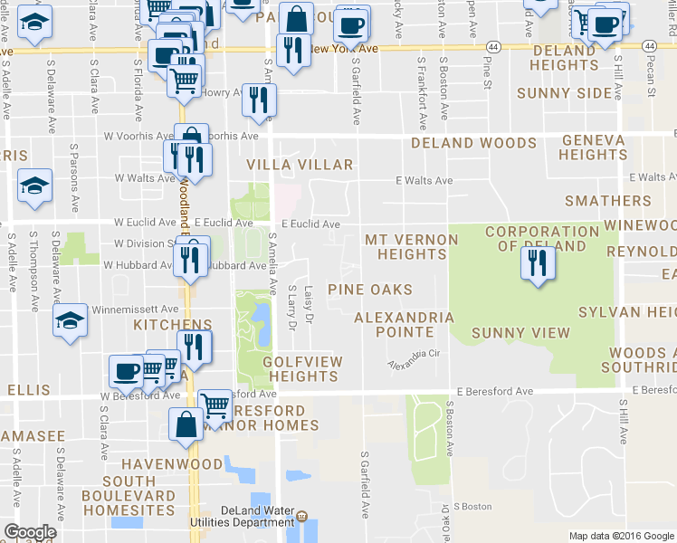 map of restaurants, bars, coffee shops, grocery stores, and more near 512 Harrison Place Drive in DeLand