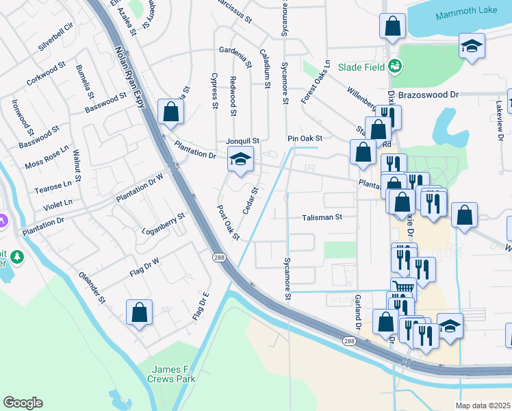 map of restaurants, bars, coffee shops, grocery stores, and more near 115 Cedar Street in Lake Jackson