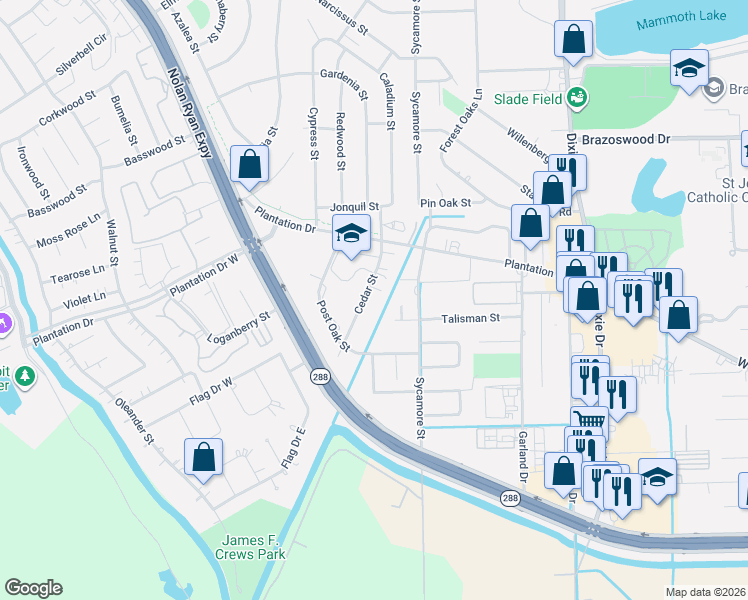 map of restaurants, bars, coffee shops, grocery stores, and more near 115 Cedar Street in Lake Jackson