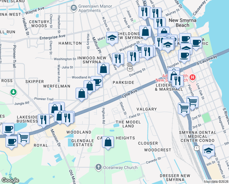 map of restaurants, bars, coffee shops, grocery stores, and more near 200 Robert Street in New Smyrna Beach