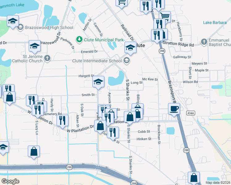 map of restaurants, bars, coffee shops, grocery stores, and more near 233 Avery Street in Clute