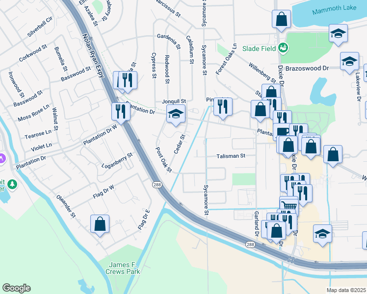 map of restaurants, bars, coffee shops, grocery stores, and more near 115 Cedar Street in Lake Jackson