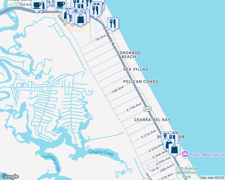 map of restaurants, bars, coffee shops, grocery stores, and more near 810 14th Avenue in New Smyrna Beach
