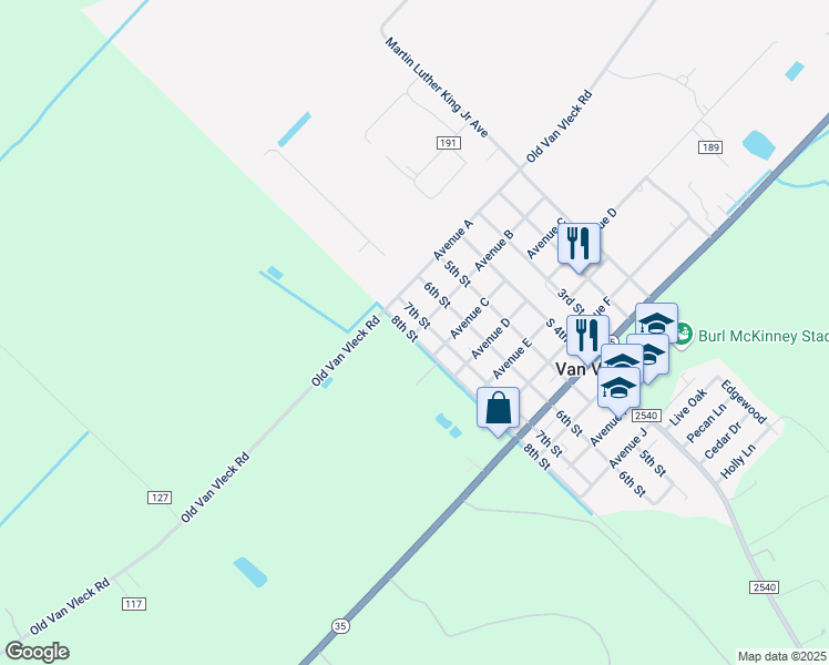 map of restaurants, bars, coffee shops, grocery stores, and more near 11 Avenue B in Van Vleck