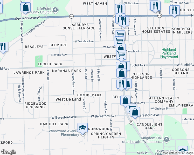 map of restaurants, bars, coffee shops, grocery stores, and more near 590 South Pearl Street in DeLand