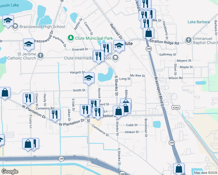 map of restaurants, bars, coffee shops, grocery stores, and more near 233 Avery Street in Clute