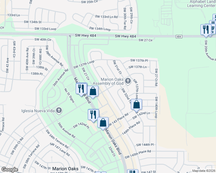 map of restaurants, bars, coffee shops, grocery stores, and more near 172 Marion Oaks Drive in Ocala