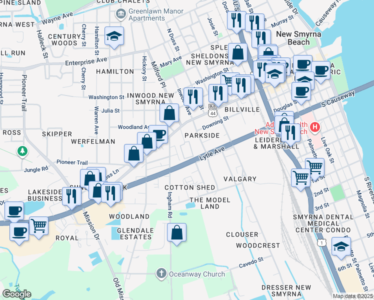 map of restaurants, bars, coffee shops, grocery stores, and more near 200 Robert Street in New Smyrna Beach