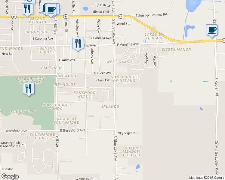 map of restaurants, bars, coffee shops, grocery stores, and more near 610 South Blue Lake Avenue in DeLand