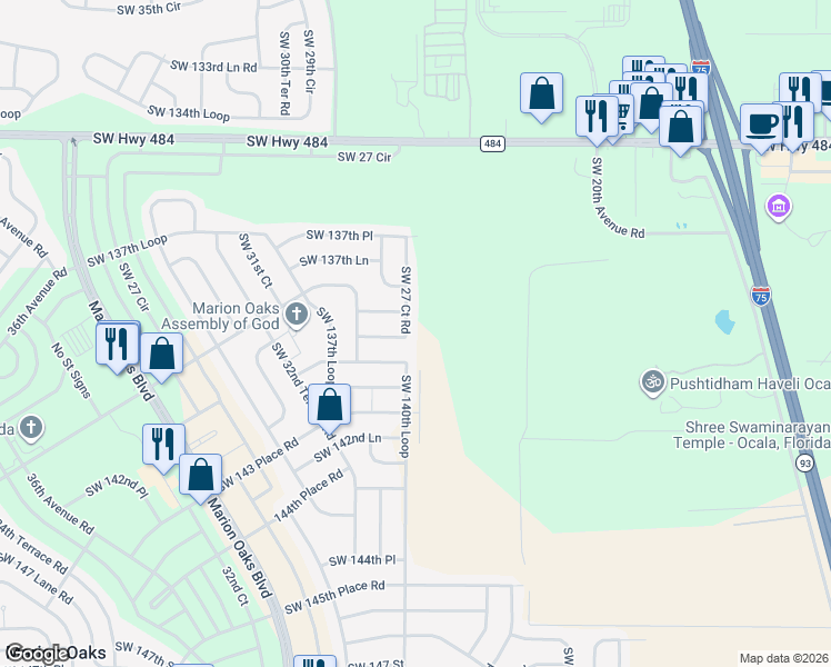 map of restaurants, bars, coffee shops, grocery stores, and more near 13961 Southwest 27 Court Road in Ocala