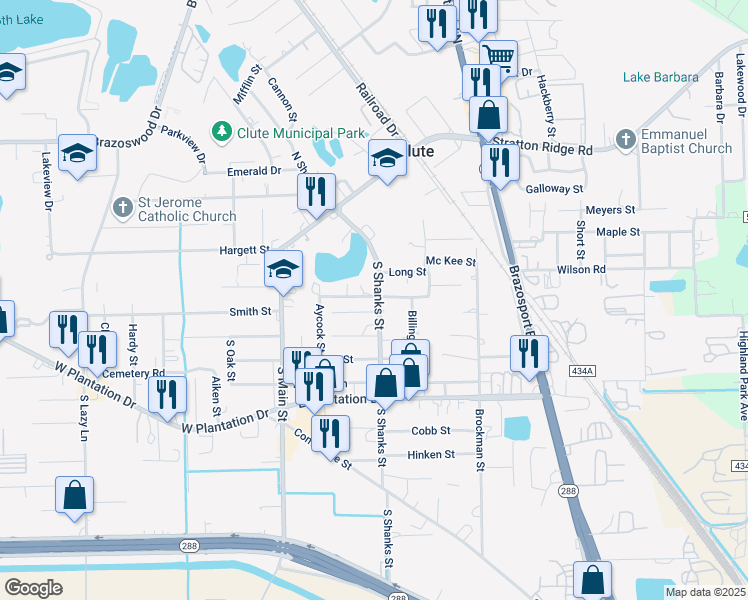 map of restaurants, bars, coffee shops, grocery stores, and more near 310 South Shanks Road in Clute