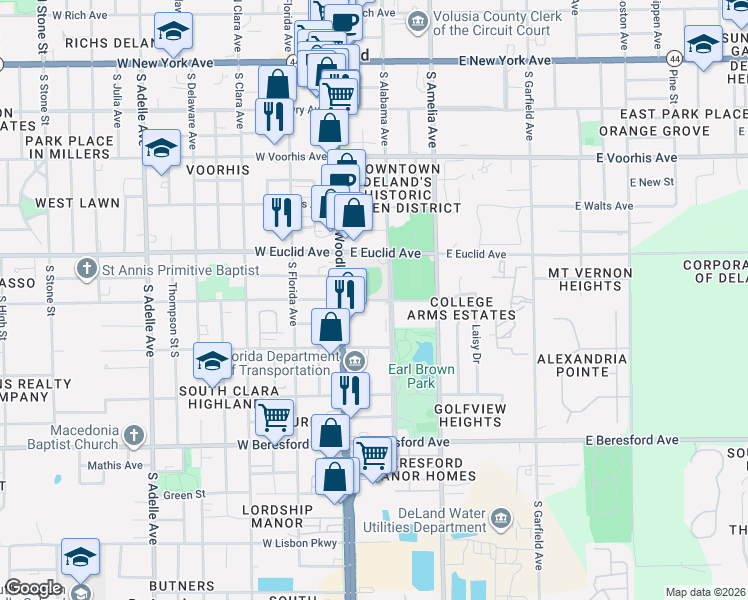 map of restaurants, bars, coffee shops, grocery stores, and more near 124-198 East Hubbard Avenue in DeLand