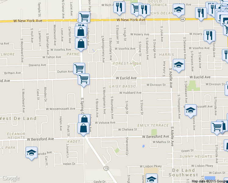 map of restaurants, bars, coffee shops, grocery stores, and more near 511 South Boundary Avenue in DeLand