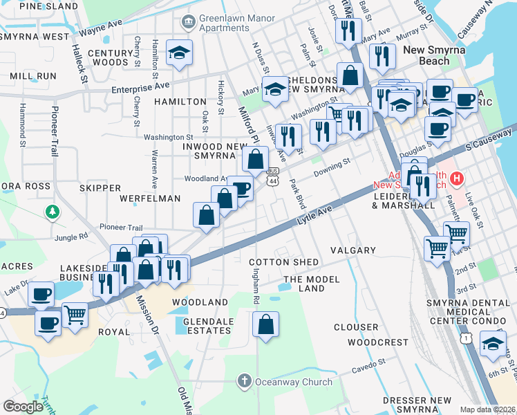 map of restaurants, bars, coffee shops, grocery stores, and more near 101 Ingham Road in New Smyrna Beach