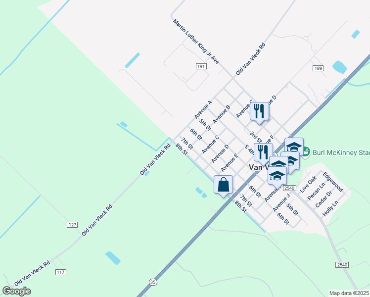 map of restaurants, bars, coffee shops, grocery stores, and more near 11 Avenue B in Van Vleck