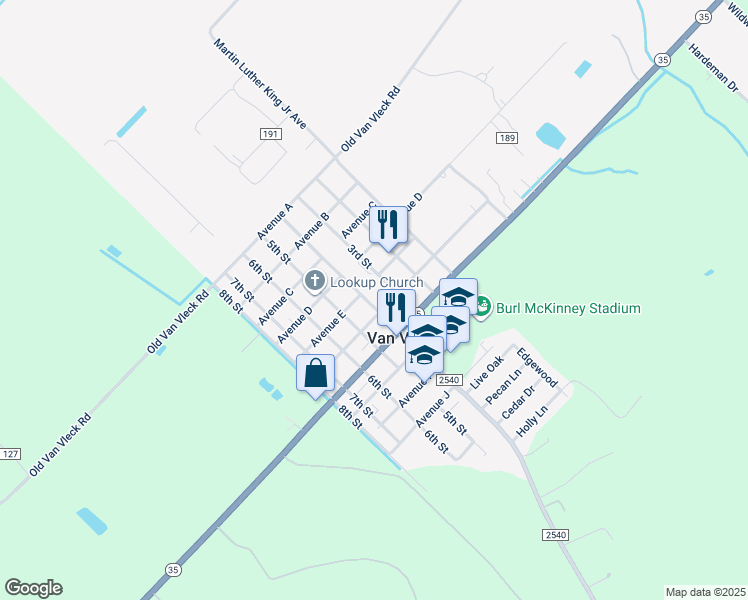map of restaurants, bars, coffee shops, grocery stores, and more near 98 South 4th Street in Van Vleck