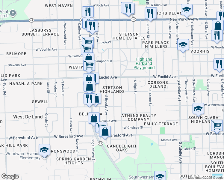 map of restaurants, bars, coffee shops, grocery stores, and more near 524 South Montgomery Avenue in DeLand