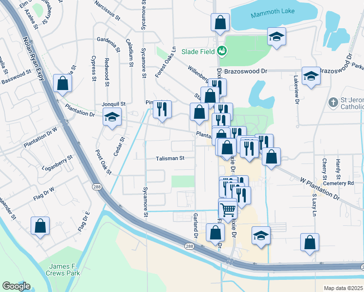map of restaurants, bars, coffee shops, grocery stores, and more near 120 Garland Drive in Lake Jackson