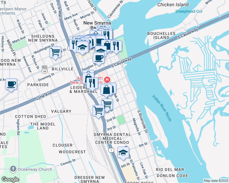 map of restaurants, bars, coffee shops, grocery stores, and more near 709 Live Oak Street in New Smyrna Beach