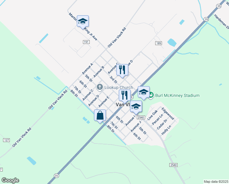 map of restaurants, bars, coffee shops, grocery stores, and more near 98 South 4th Street in Van Vleck