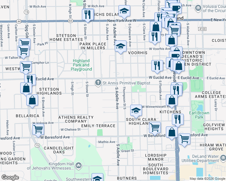 map of restaurants, bars, coffee shops, grocery stores, and more near 505 West Hubbard Avenue in DeLand