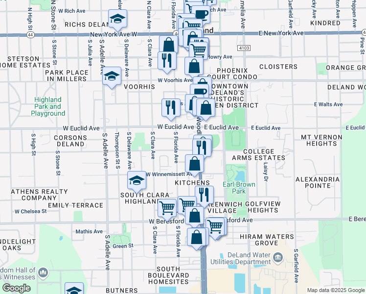 map of restaurants, bars, coffee shops, grocery stores, and more near 131 West Hubbard Avenue in DeLand
