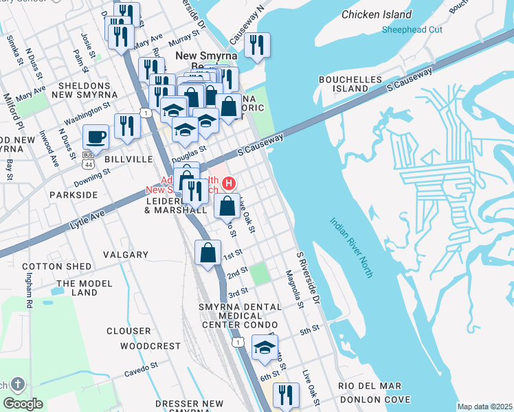 map of restaurants, bars, coffee shops, grocery stores, and more near 709 Live Oak Street in New Smyrna Beach