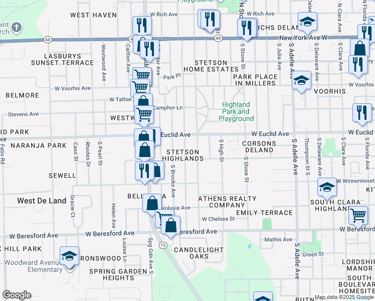 map of restaurants, bars, coffee shops, grocery stores, and more near 524 South Montgomery Avenue in DeLand