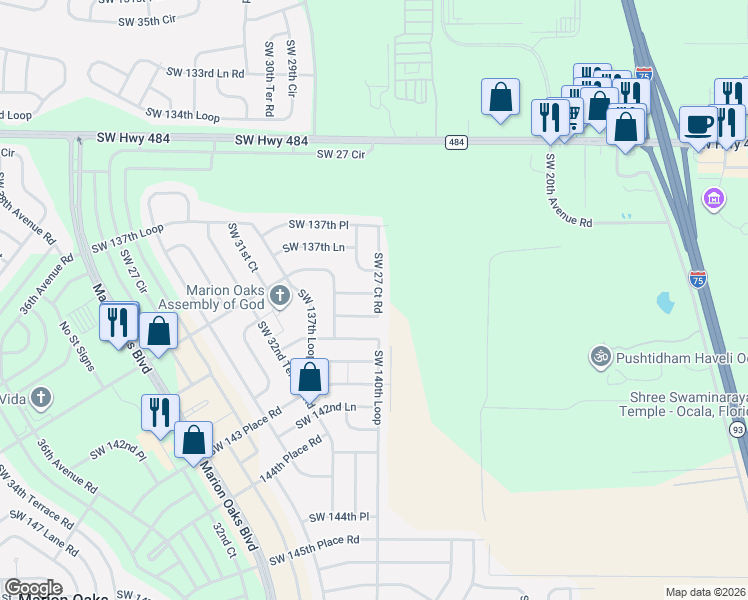 map of restaurants, bars, coffee shops, grocery stores, and more near 13961 Southwest 27 Court Road in Ocala