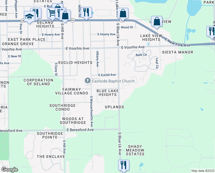 map of restaurants, bars, coffee shops, grocery stores, and more near 1415 East Hubbard Avenue in DeLand
