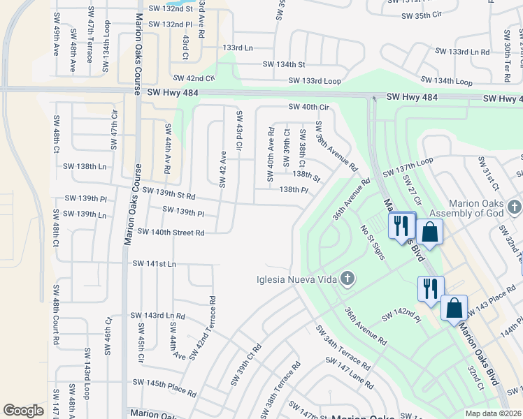 map of restaurants, bars, coffee shops, grocery stores, and more near 4036 Southwest 139th Street Road in Ocala