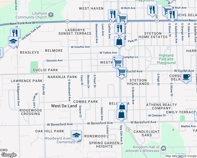 map of restaurants, bars, coffee shops, grocery stores, and more near 1152 West Euclid Avenue in DeLand