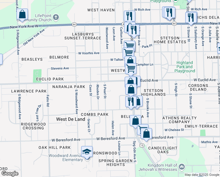 map of restaurants, bars, coffee shops, grocery stores, and more near 1152 West Euclid Avenue in DeLand